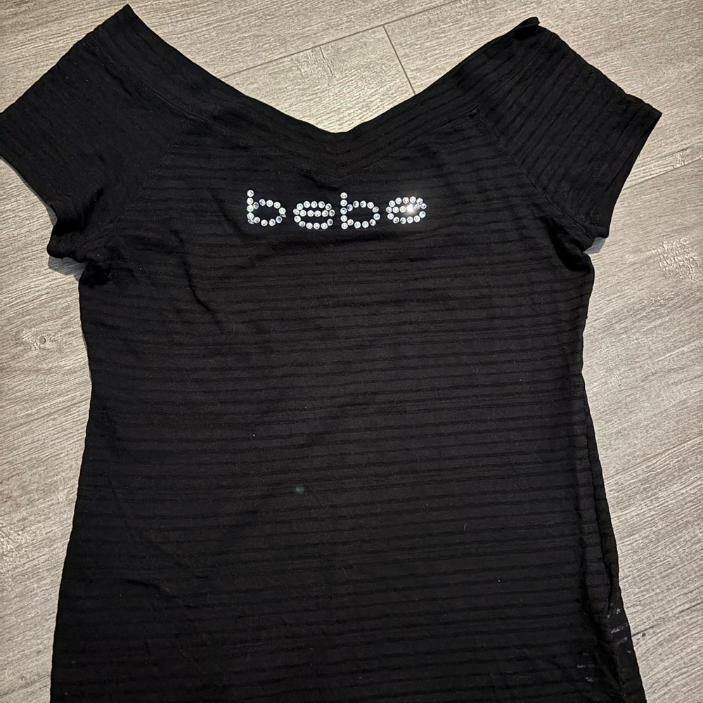 bebe Black Ribbed Off-Shoulder Logo Tee with Crystal Accent